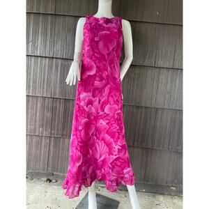 🔥Y2K Fuchsia Pink Floral Print Chiffon Bias Cut Romantic Feminine Maxi Dress